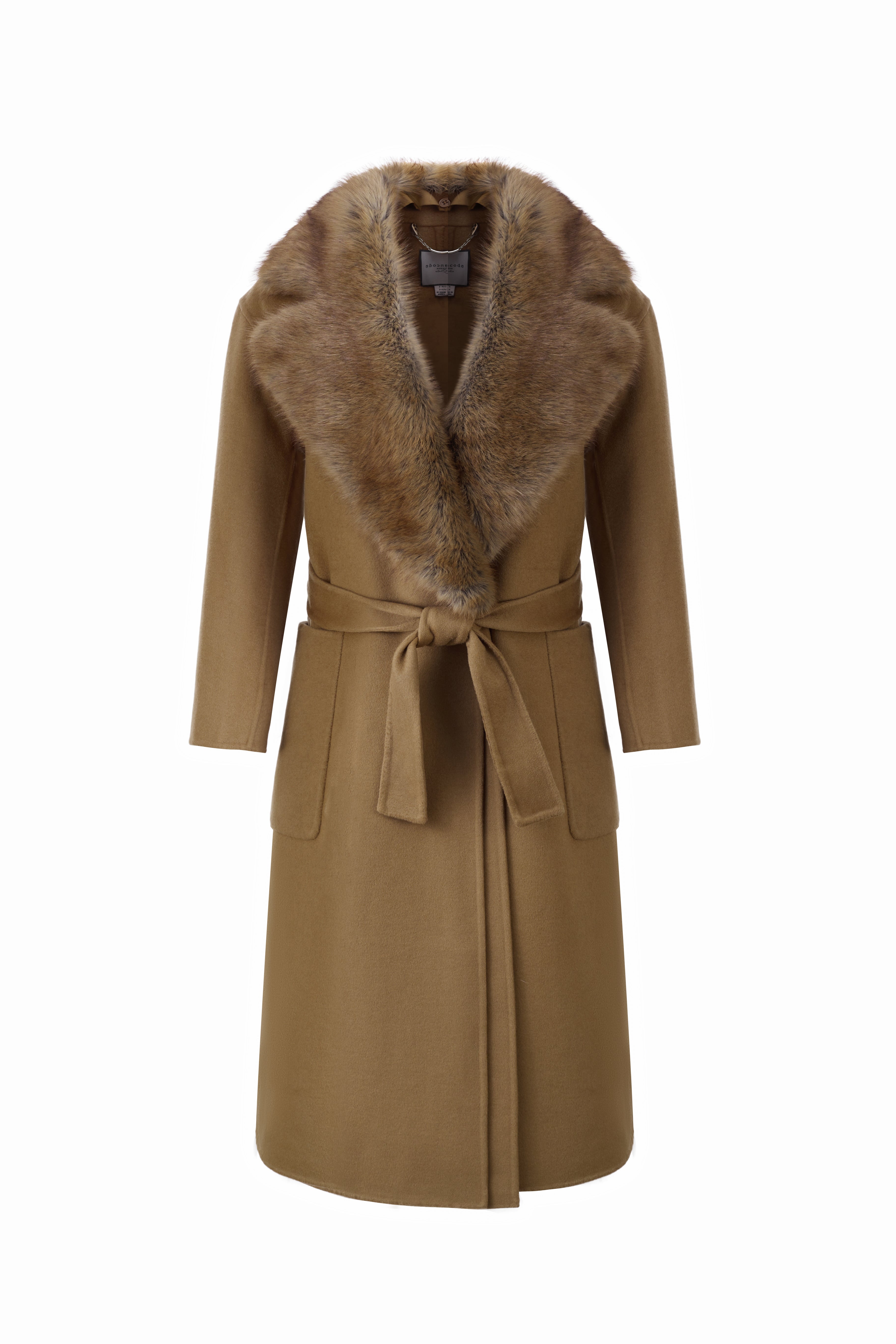 URBANCODE Camel Belted Coat with Detachable Faux Fur Collar/Shawl