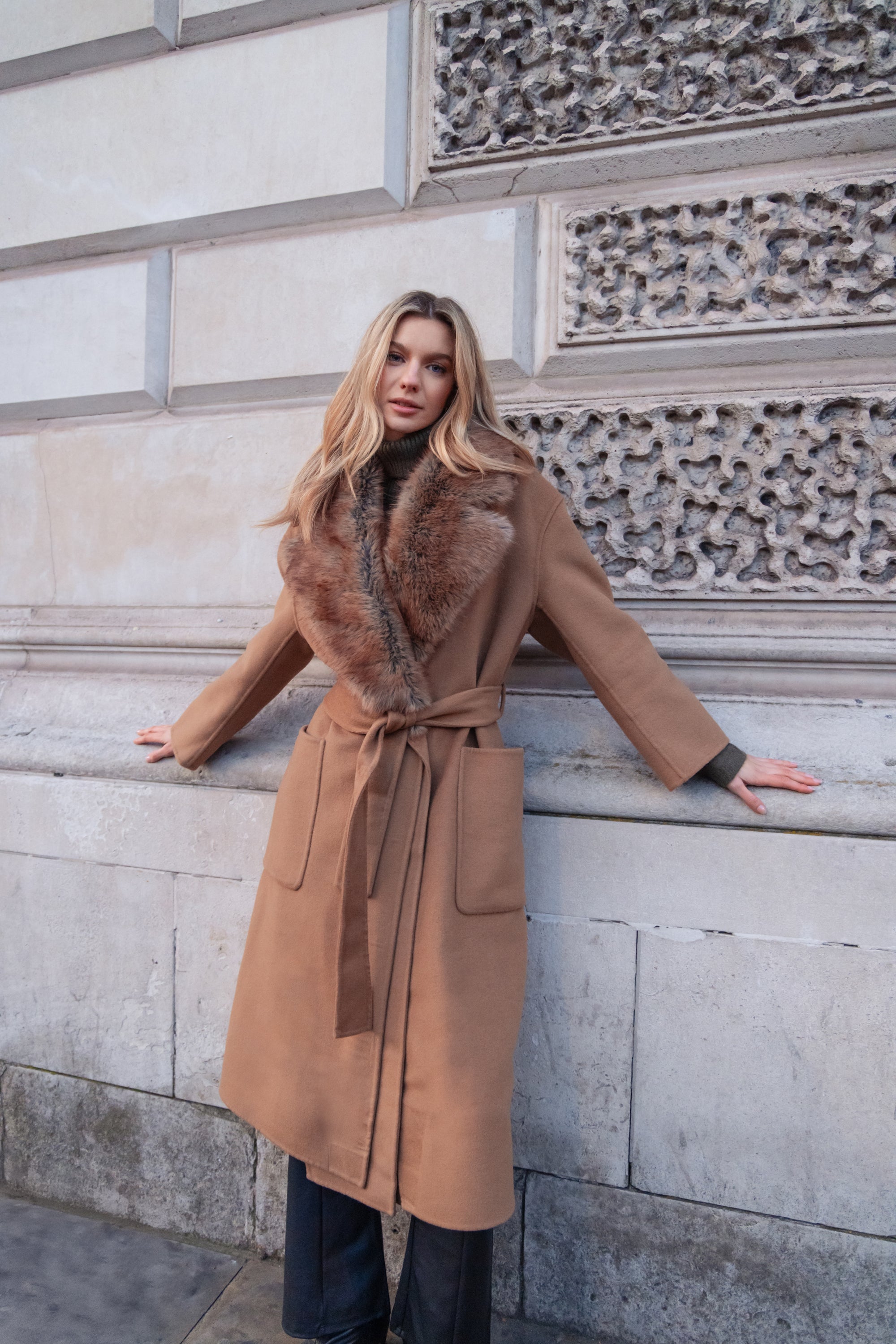 URBANCODE Camel Belted Coat with Detachable Faux Fur Collar/Shawl