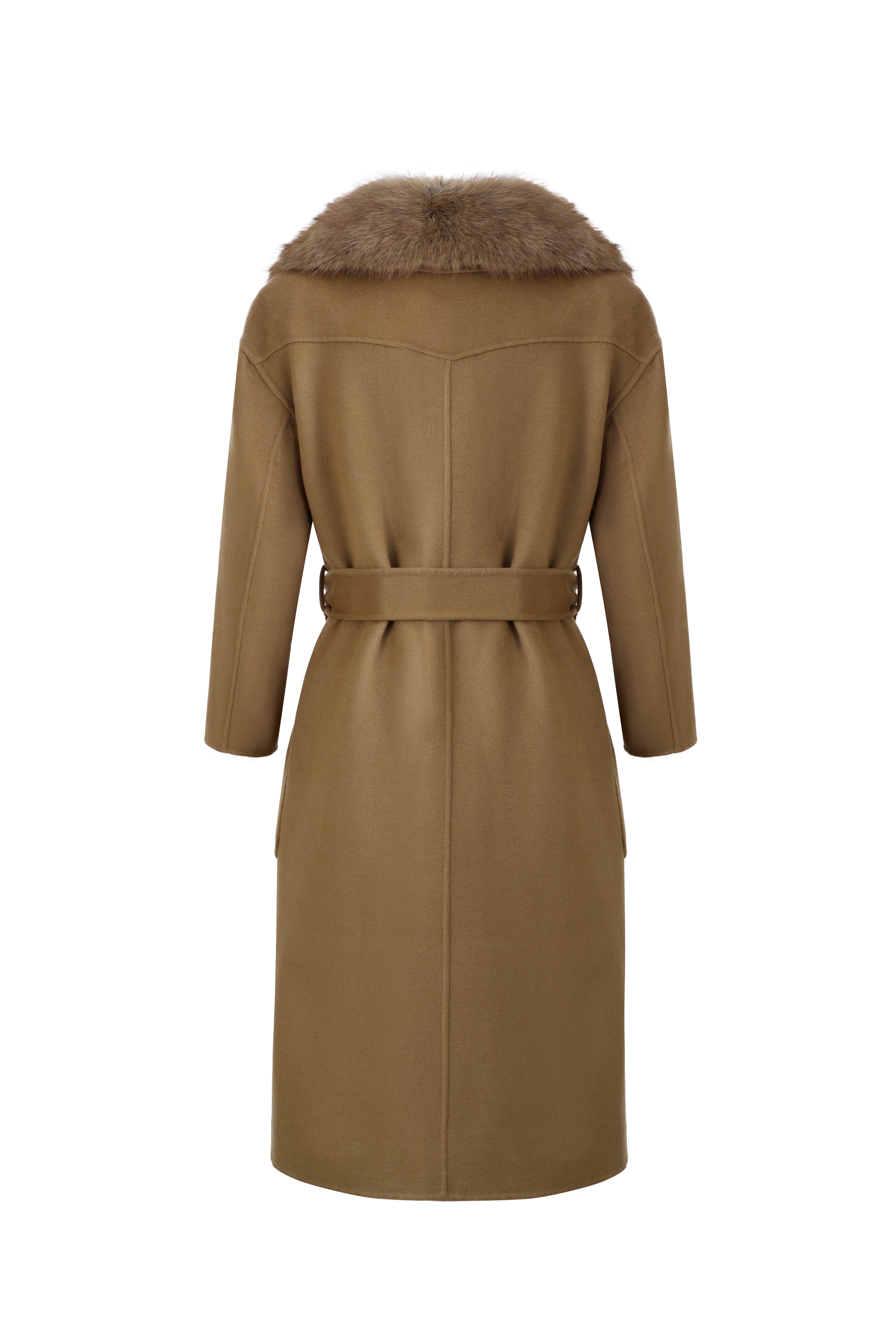 URBANCODE Camel Belted Coat with Detachable Faux Fur Collar/Shawl