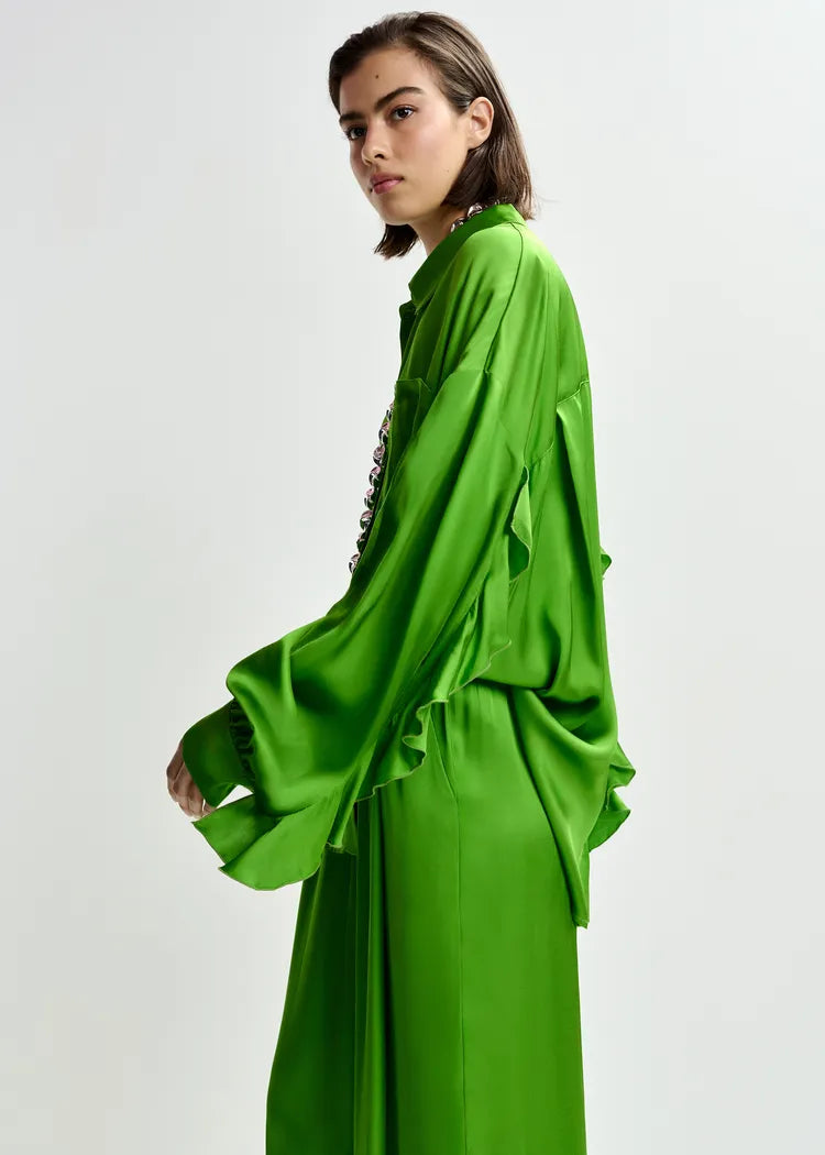 Essentiel Antwerp Green Fluid Oversized Blouse with Ruffle Trim
