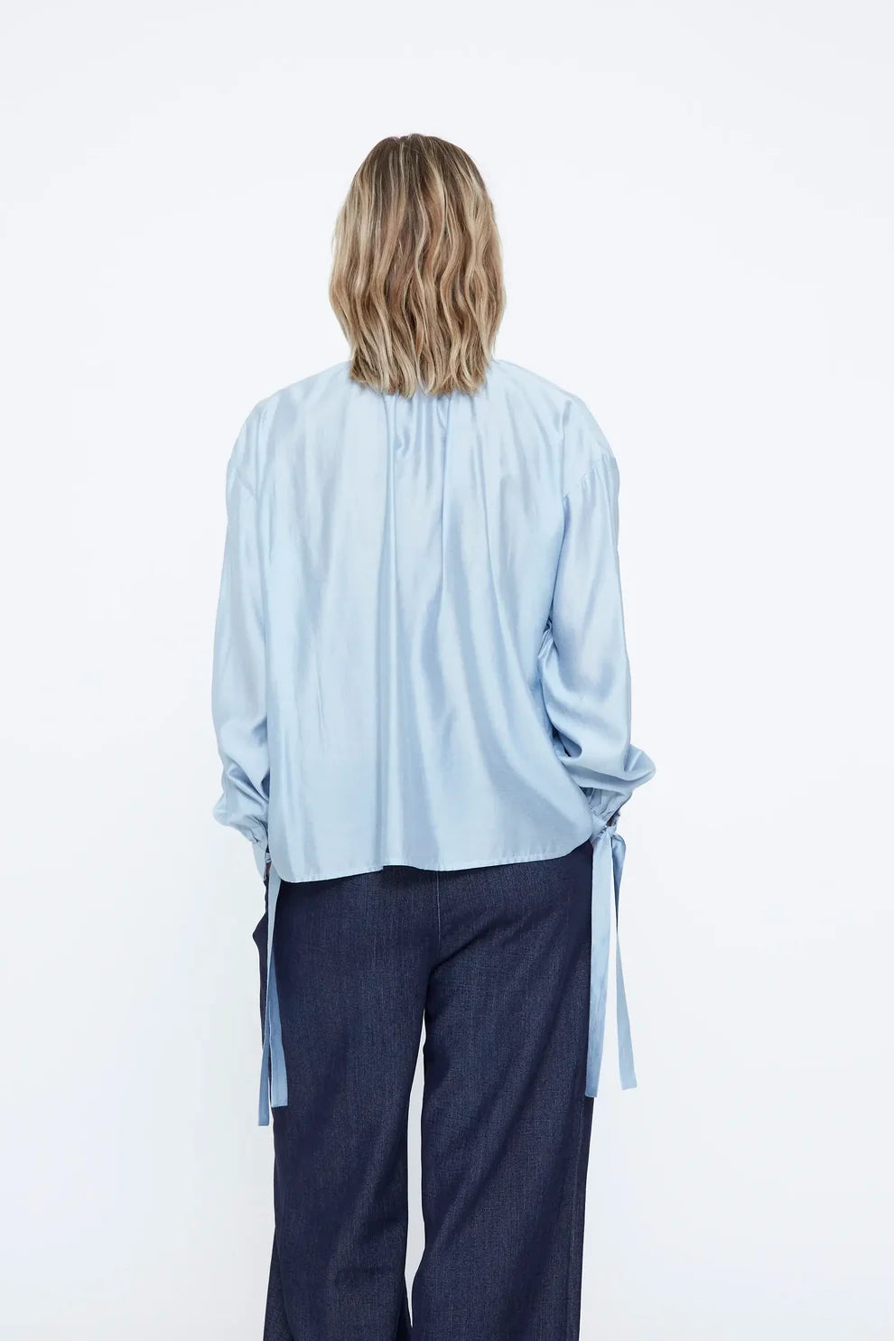 Wild Pony Baby Blue Satin Blouse with Tie Neck
