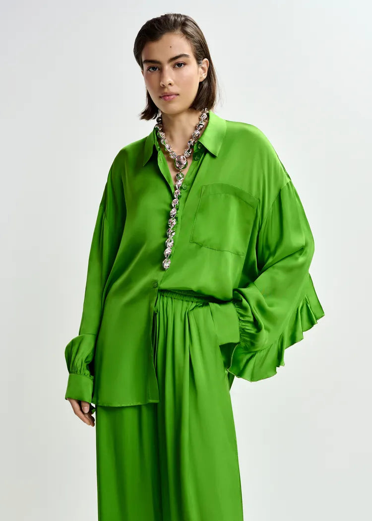 Essentiel Antwerp Green Fluid Oversized Blouse with Ruffle Trim