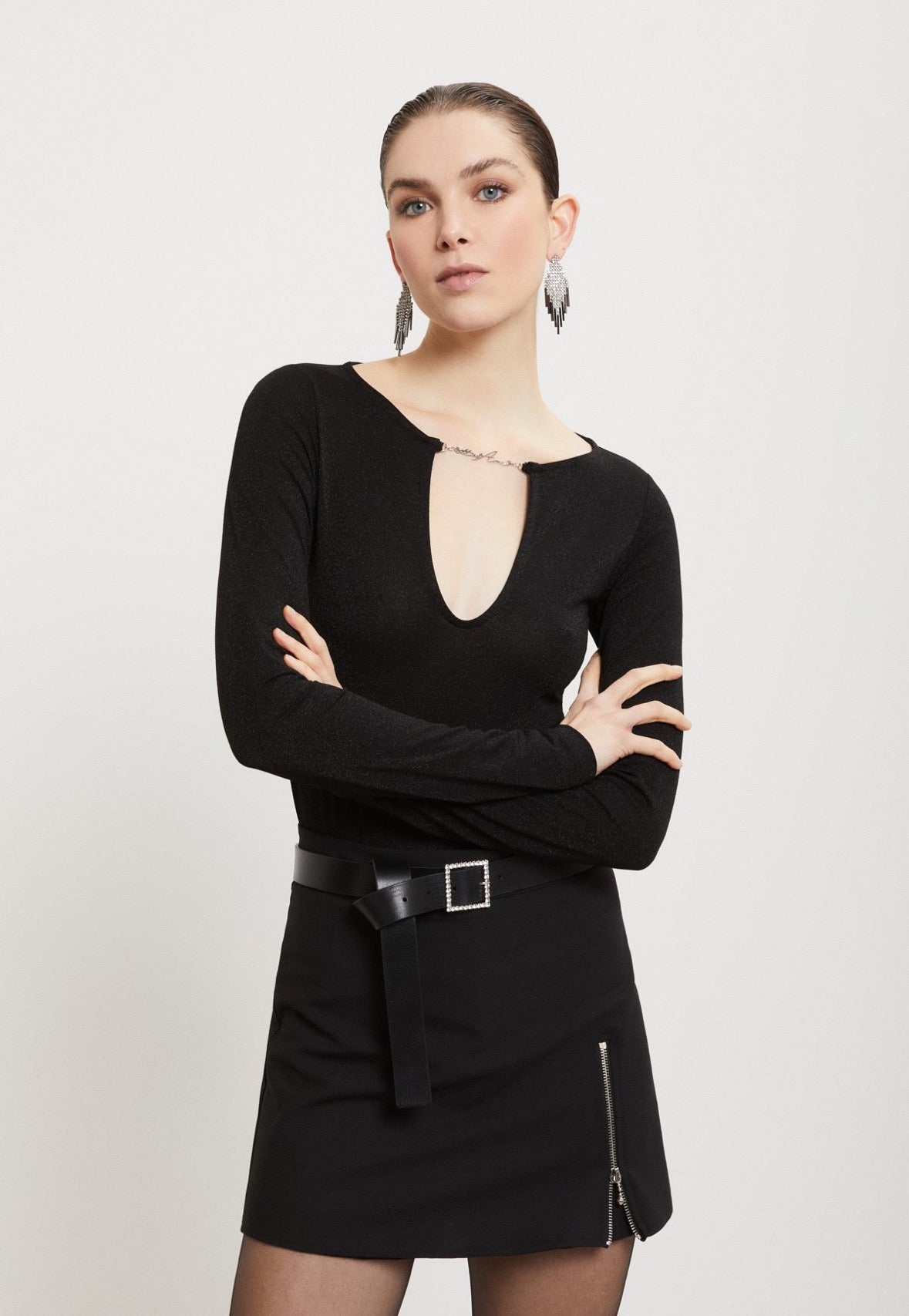 Ottod’Ame Silver Lurex Long Sleeve Top with Keyhole Neck