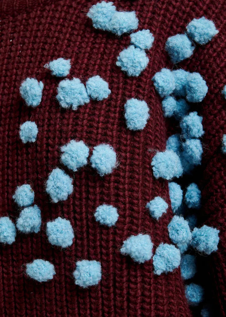 Essentiel Antwerp Wine Knit Jumper with Blue PomPoms