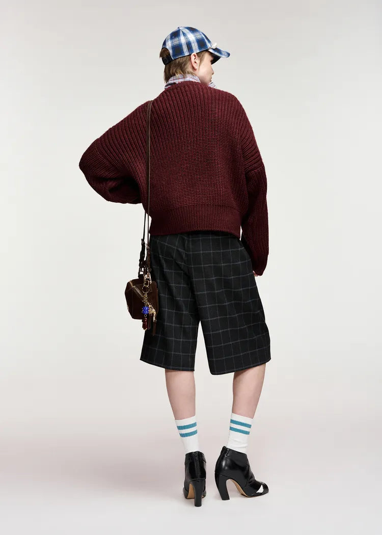 Essentiel Antwerp Wine Knit Jumper with Blue PomPoms