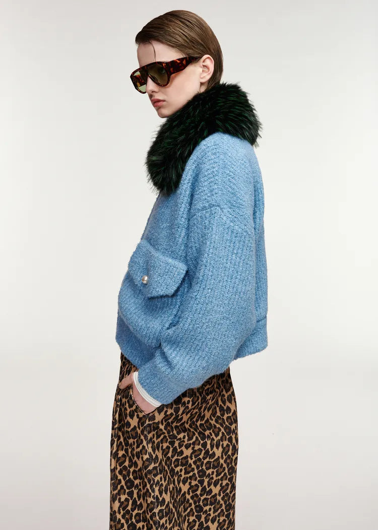 Essentiel Antwerp Baby Blue Bouclé Bomber with Removable Faux Fur Collar