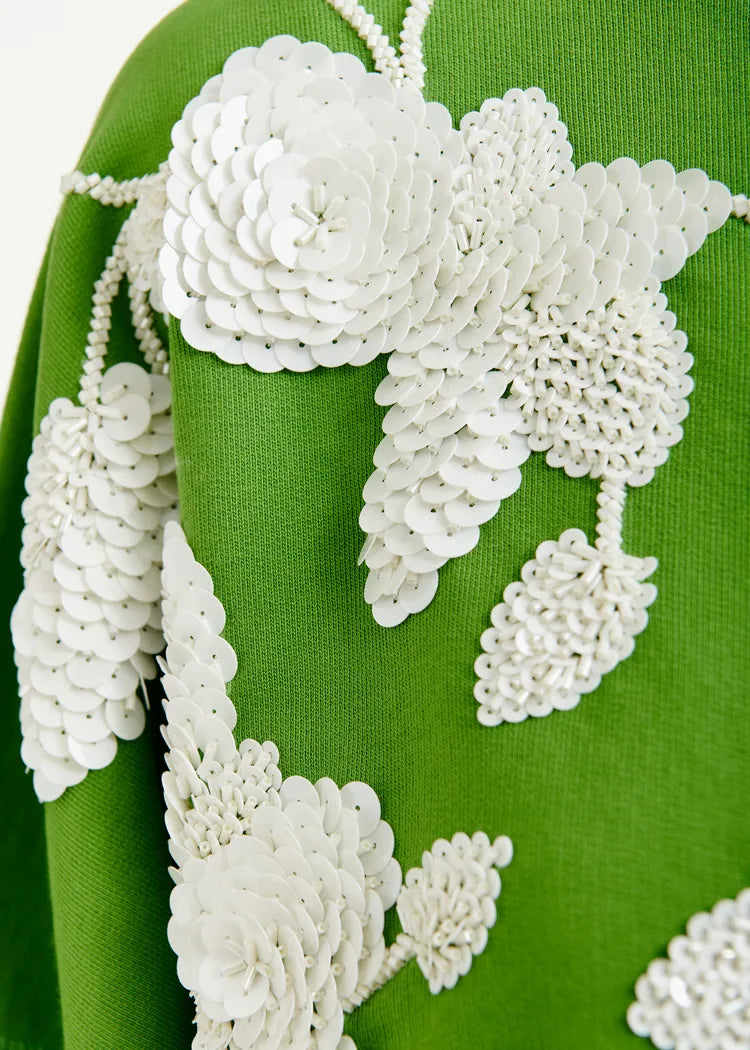 Essentiel Antwerp Green Cotton Sweatshirt with Floral Sequin Embroidery