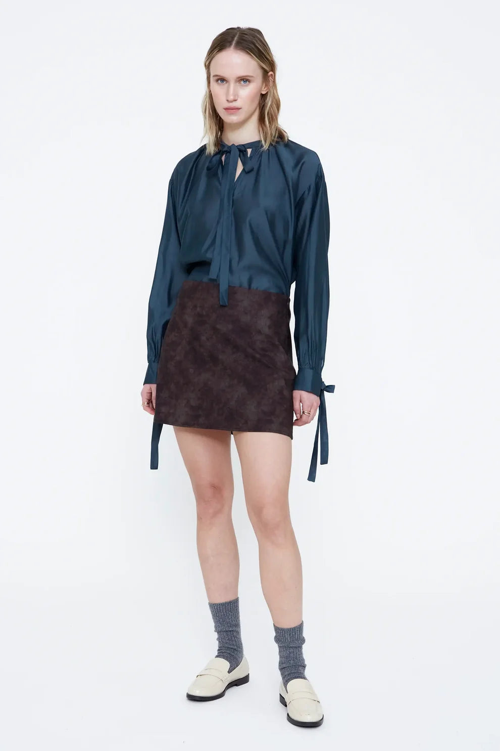 Wild Pony Teal Satin Blouse with Tie Neck