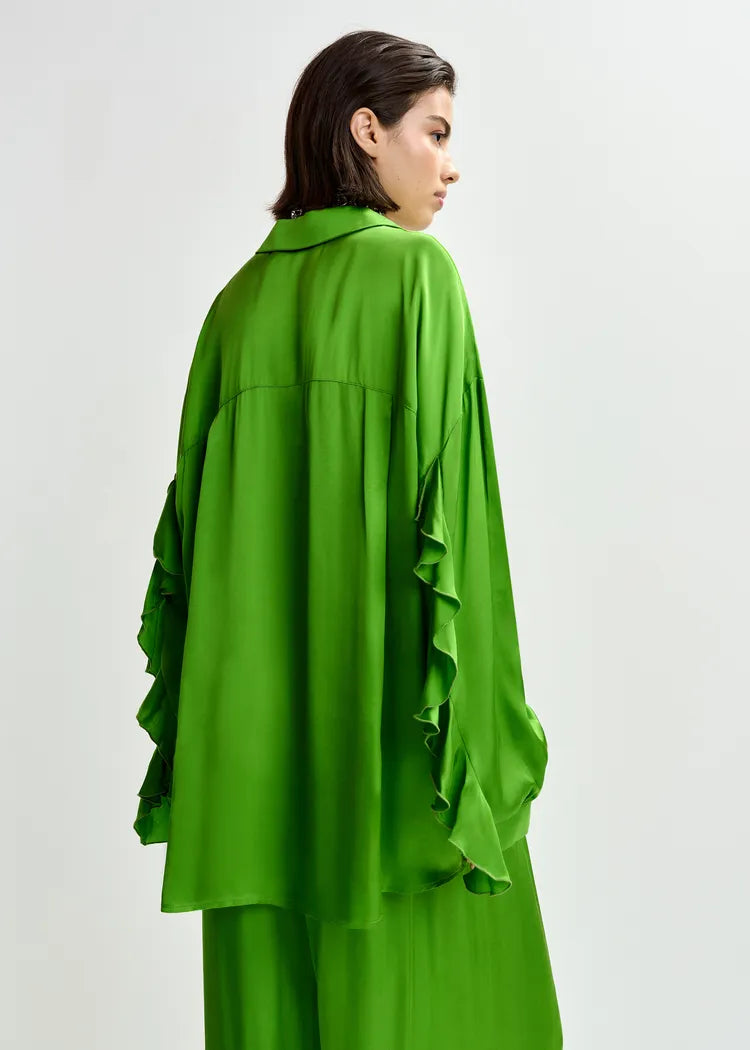 Essentiel Antwerp Green Fluid Oversized Blouse with Ruffle Trim