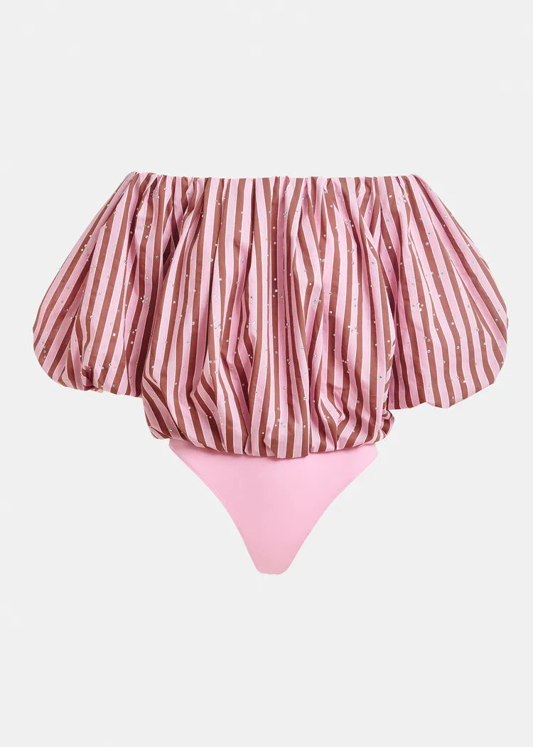 Essentiel Antwerp Pink & Brown Striped Off-the-Shoulder Bodysuit with Diamante Embellishments