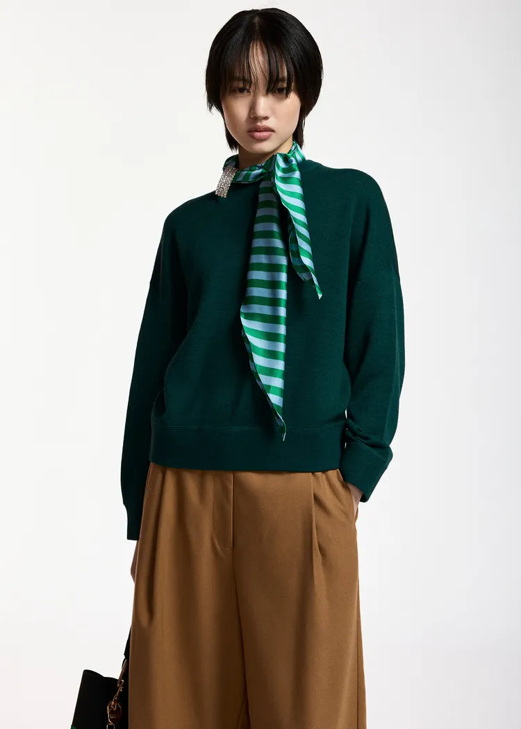 Essentiel Antwerp Forest Green Knit Sweatshirt with Striped Scarf & Brooch