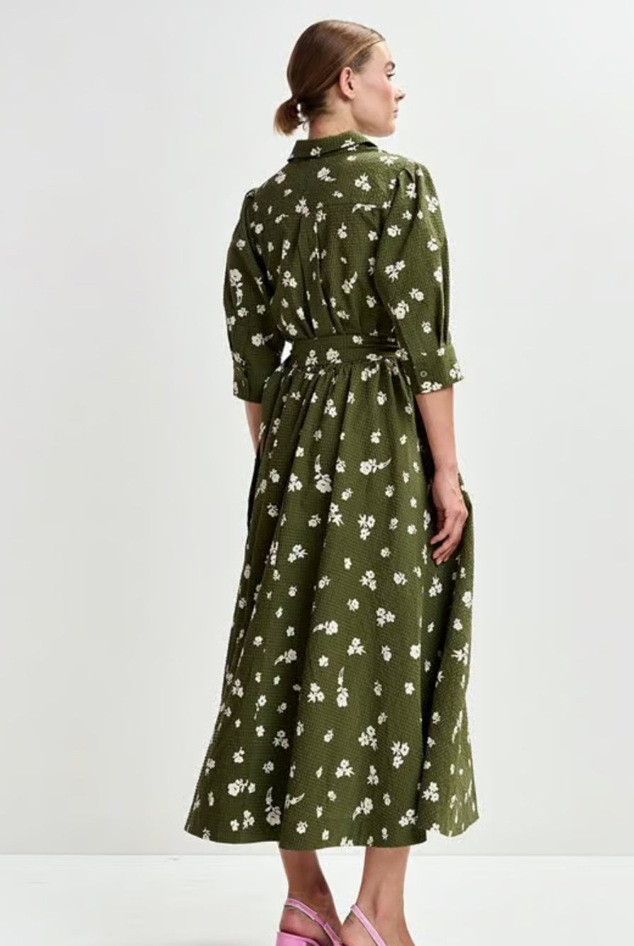 Essentiel Antwerp Olive Green Floral Belted Shirt Dress