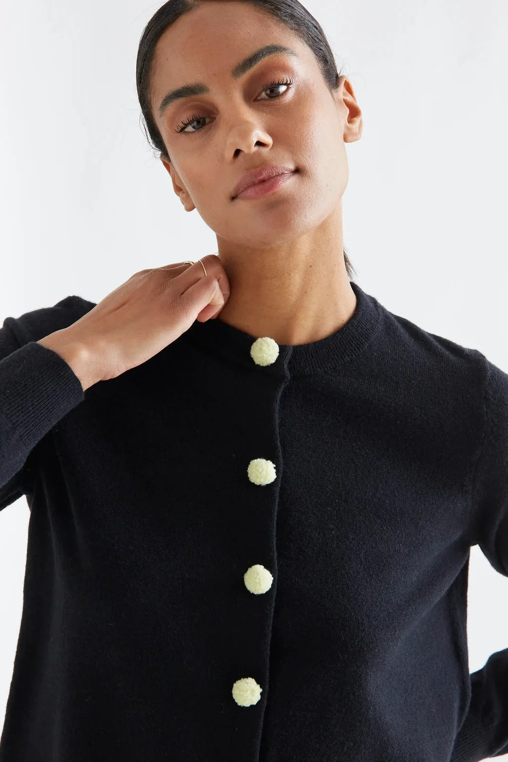 Compañia Fantástica Black Cardigan with Yellow PomPom Buttons