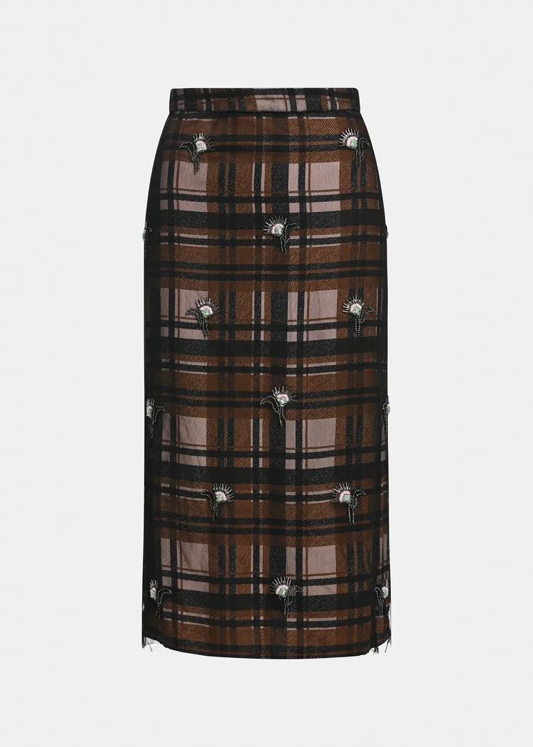 Essentiel Antwerp Black & Brown Tulle-Overlay Midi Skirt with Floral Embellishments