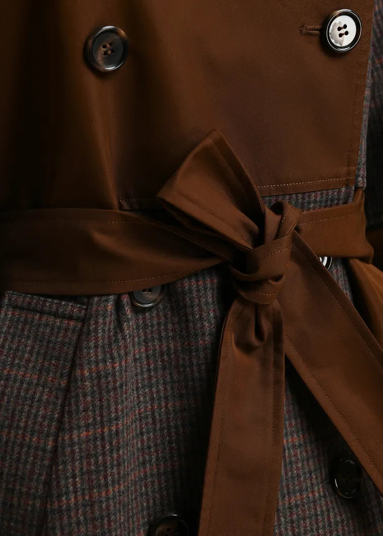 Essentiel Antwerp Brown and Tweed Colour Block Trench Coat