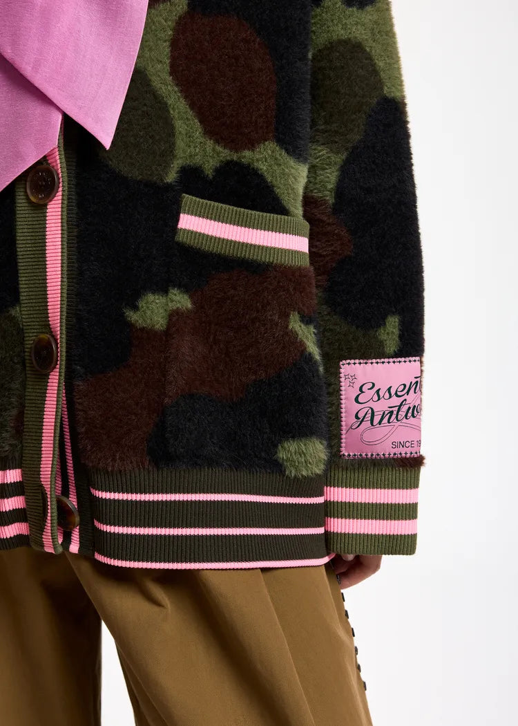 Essentiel Antwerp Khaki Camo Jacquard Cardigan with Pink Striped Trims