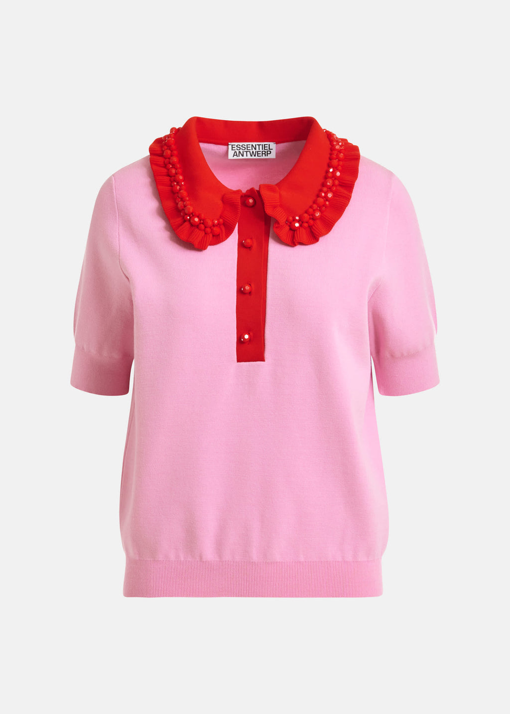 Essentiel Antwerp Pink Knit Polo Top with Red Frill Collar & Embellishment