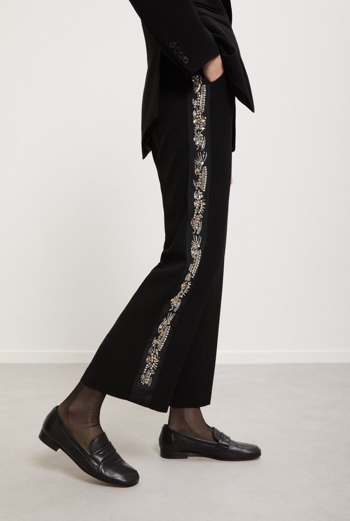 Ottod’Ame Black Straight Leg Trousers with Embellished Side Stripe