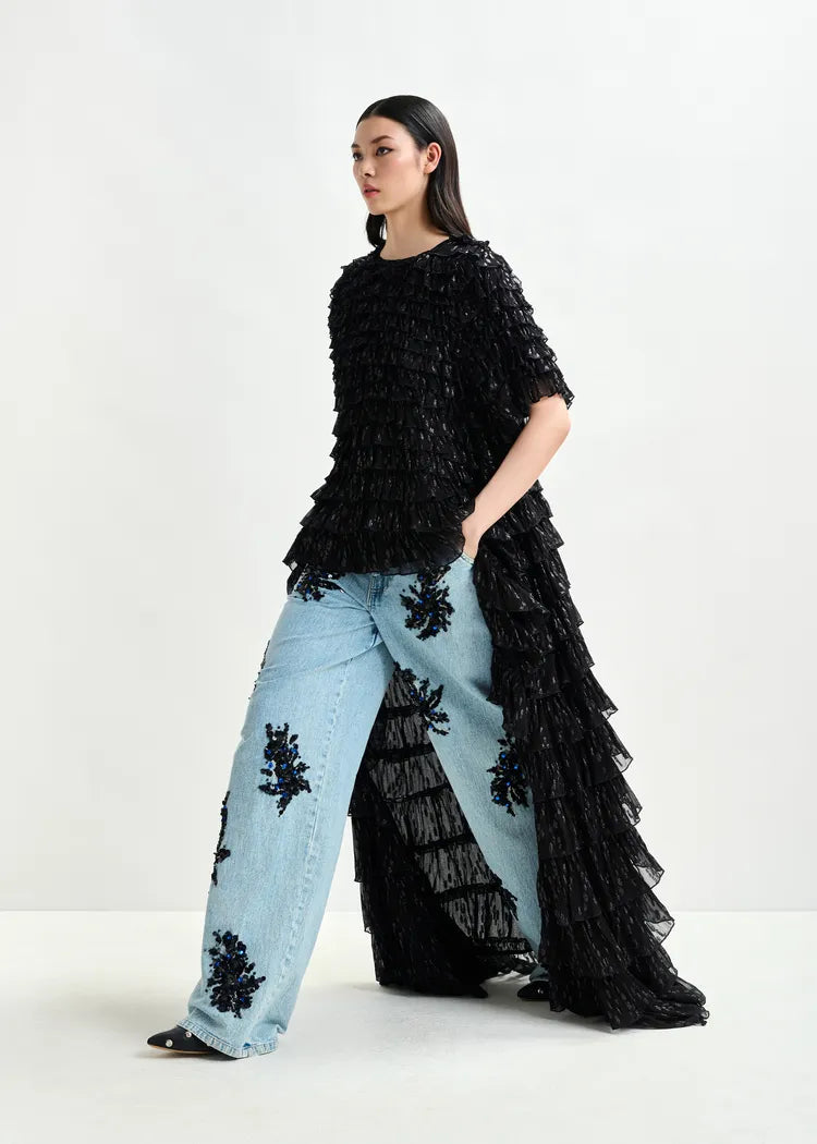 Essentiel Antwerp Black Ruffled Mini Dress with Train