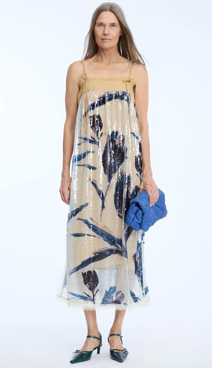 MUNTHE NARA Sequin Dress with Floral Print and Spaghetti Straps