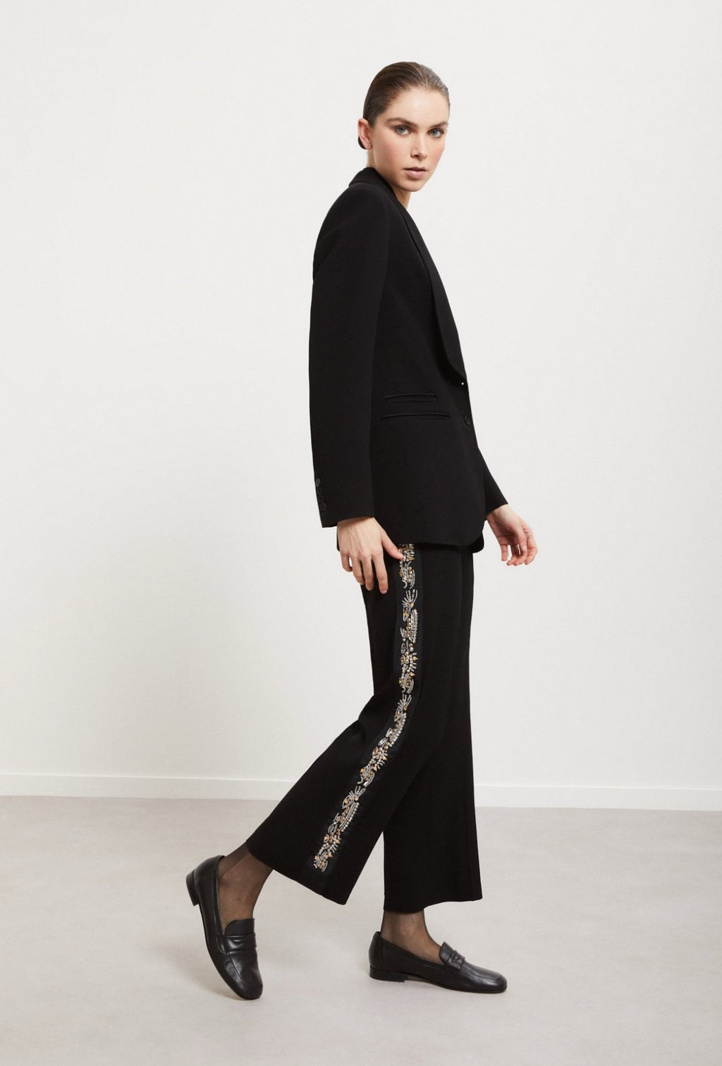 Ottod’Ame Black Straight Leg Trousers with Embellished Side Stripe