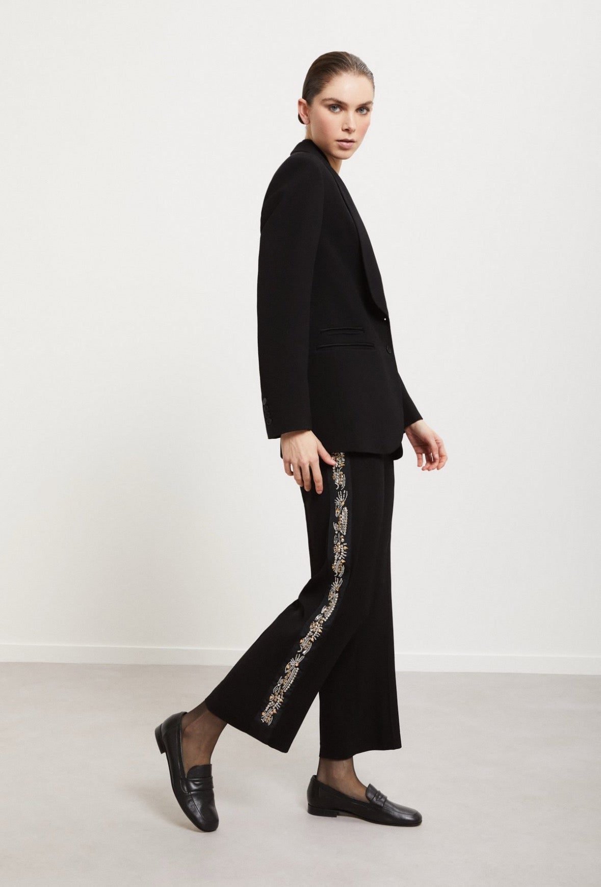 Ottod’Ame Black Straight Leg Trousers with Embellished Side Stripe