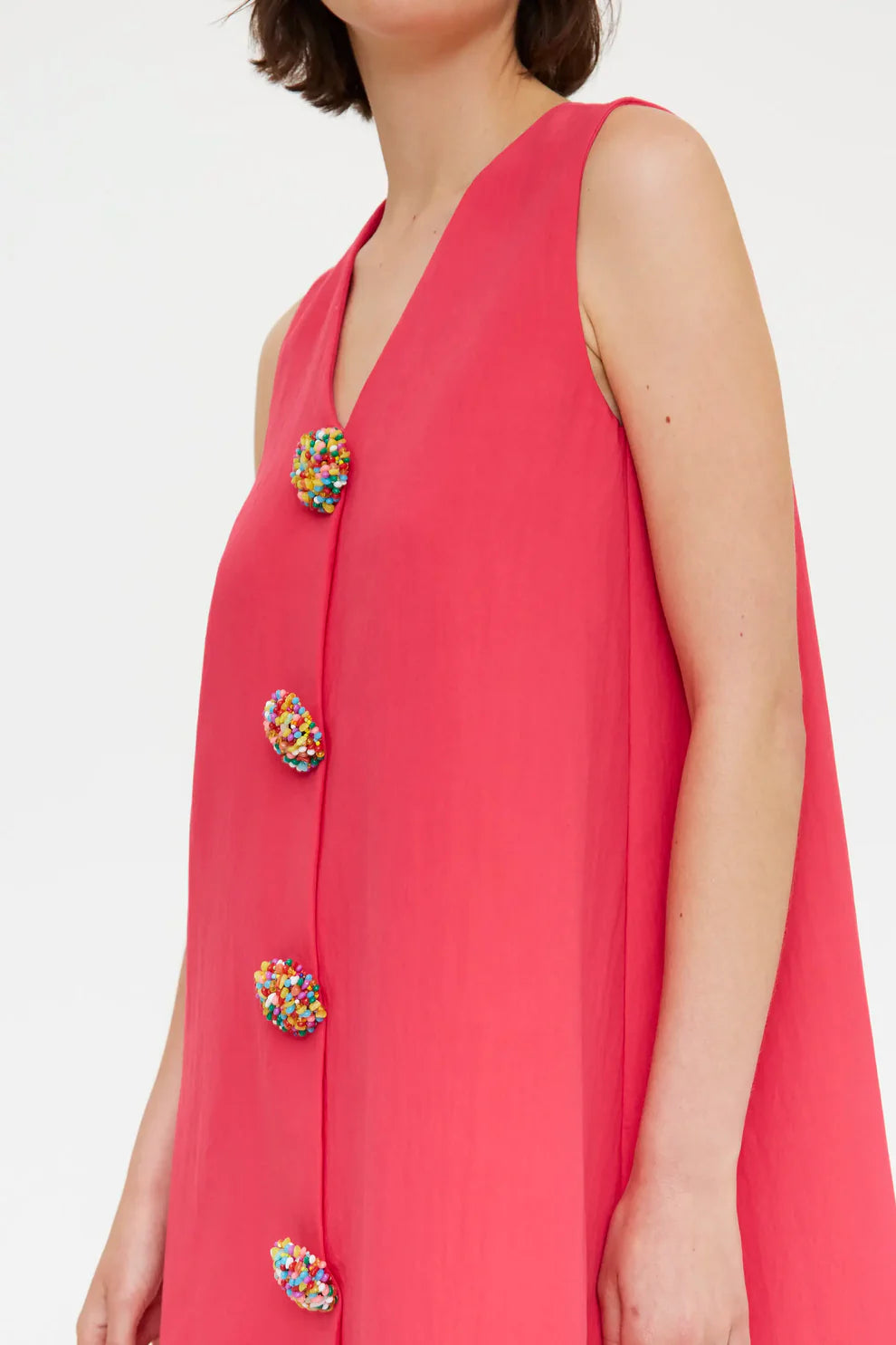 Compañía Fuchsia Mini Dress with V-Neck & Colourful Buttons
