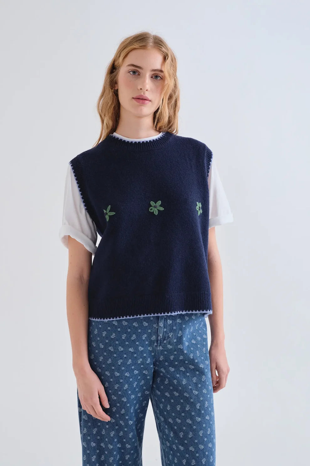 Compañia Fantástica Navy Knit Vest with Green Embroidered Flowers