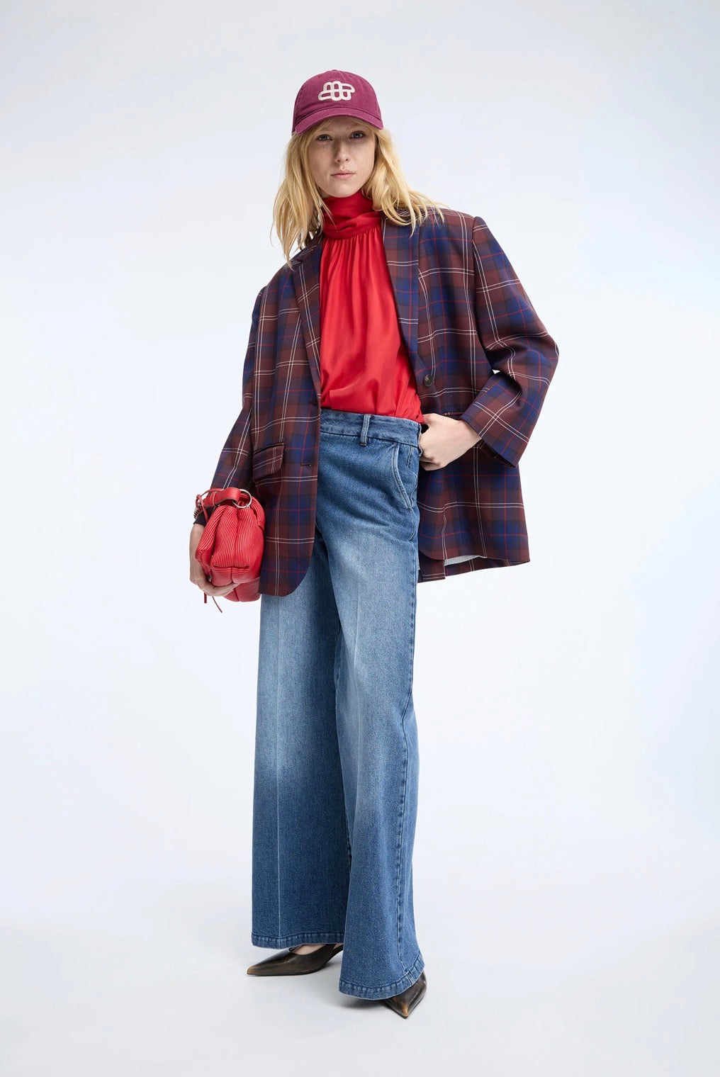 MUNTHE High Neck Red Blouse with Scooped Back