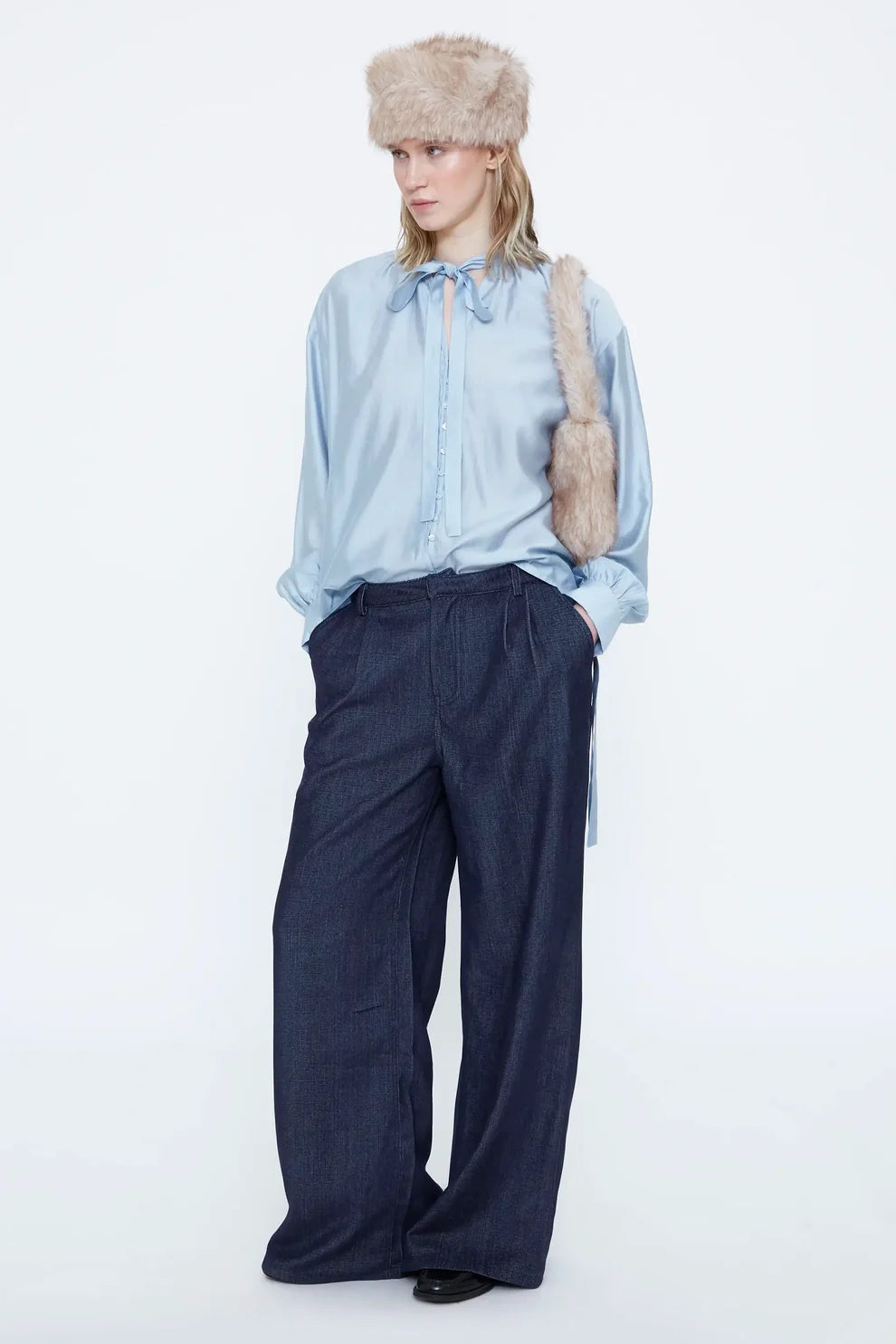 Wild Pony Baby Blue Satin Blouse with Tie Neck