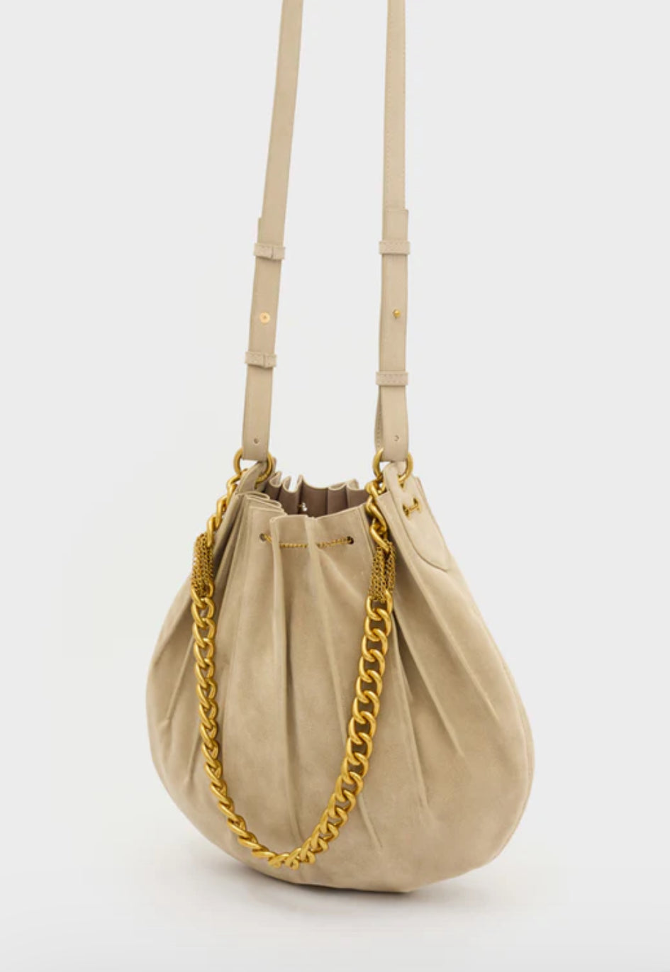NALI Cream Suede Leather Handbag with Gold Chain Hardware