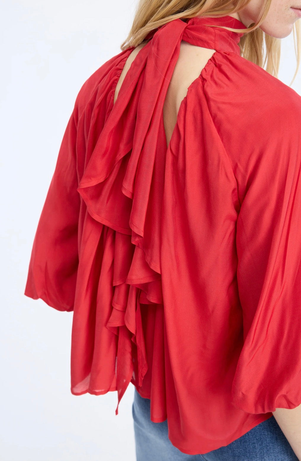 MUNTHE High Neck Red Blouse with Scooped Back