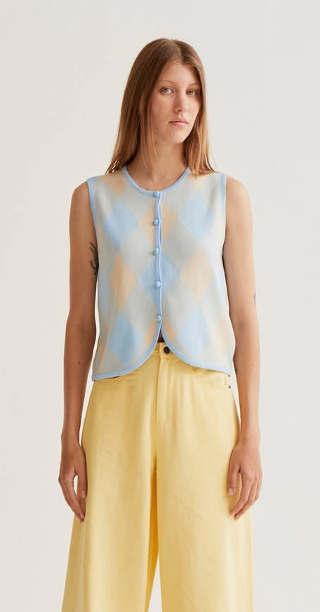 Compañia Fantastica Baby Blue & Cream Sleeveless Waistcoat Knitted Top