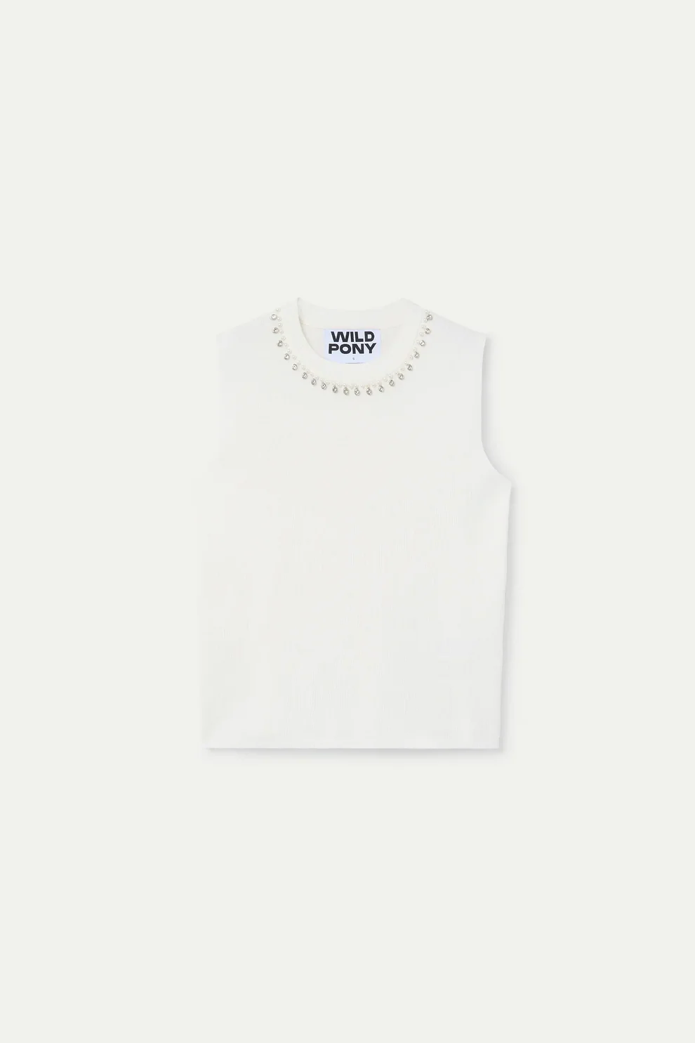 Wild Pony White Fine Knit SleevelessTop with Jewel Neckline