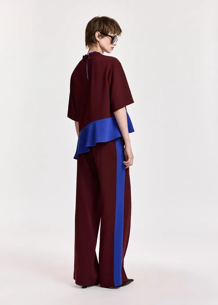Essentiel Antwerp Burgundy Wide-Leg Pants with Cobalt Blue Side Panel