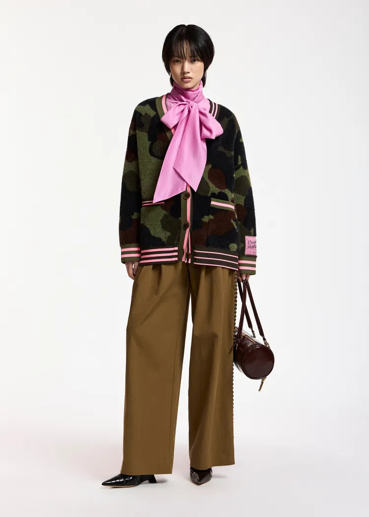 Essentiel Antwerp Khaki Camo Jacquard Cardigan with Pink Striped Trims