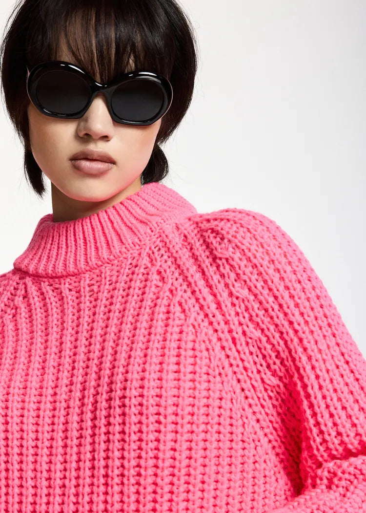 Essentiel Antwerp Neon Pink Chunky Turtleneck Knit with Voluminous Sleeves