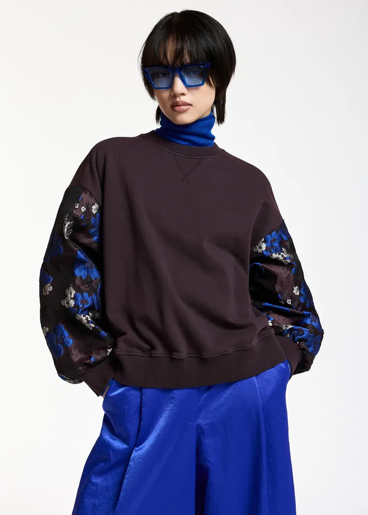 Essentiel Antwerp Plum Sweatshirt with Cobalt Blue Floral Jacquard Sleeves