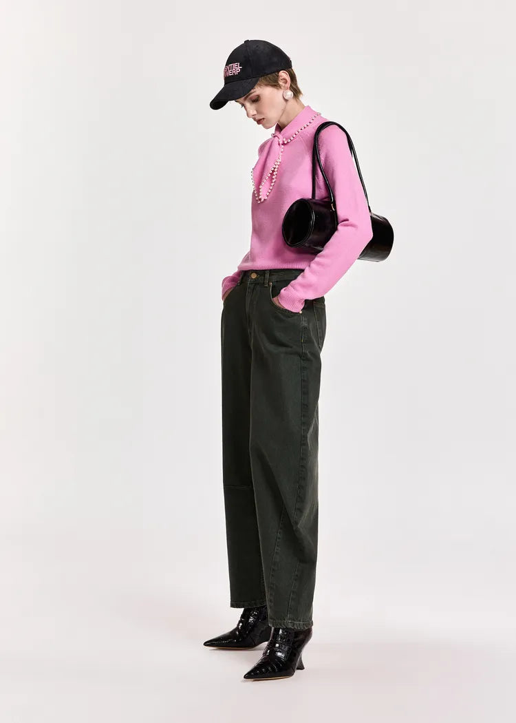 Essentiel Antwerp Pink Wool-Cashmere Jumper with Pearl-Embellished Bow Collar