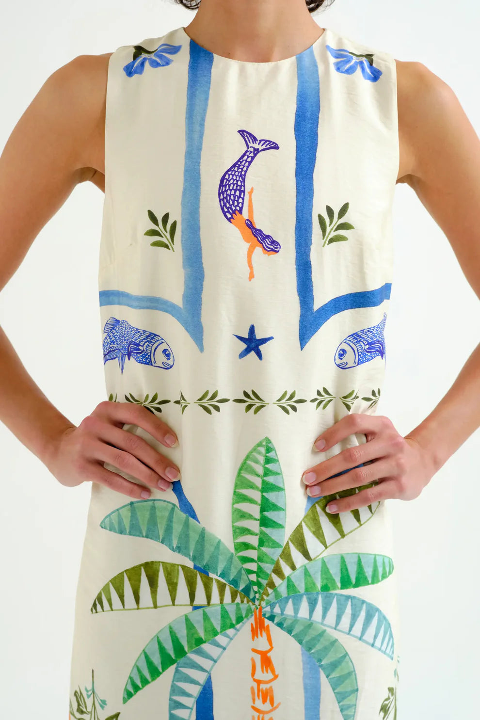 Compañía Cream Palm & Mermaid Column Dress