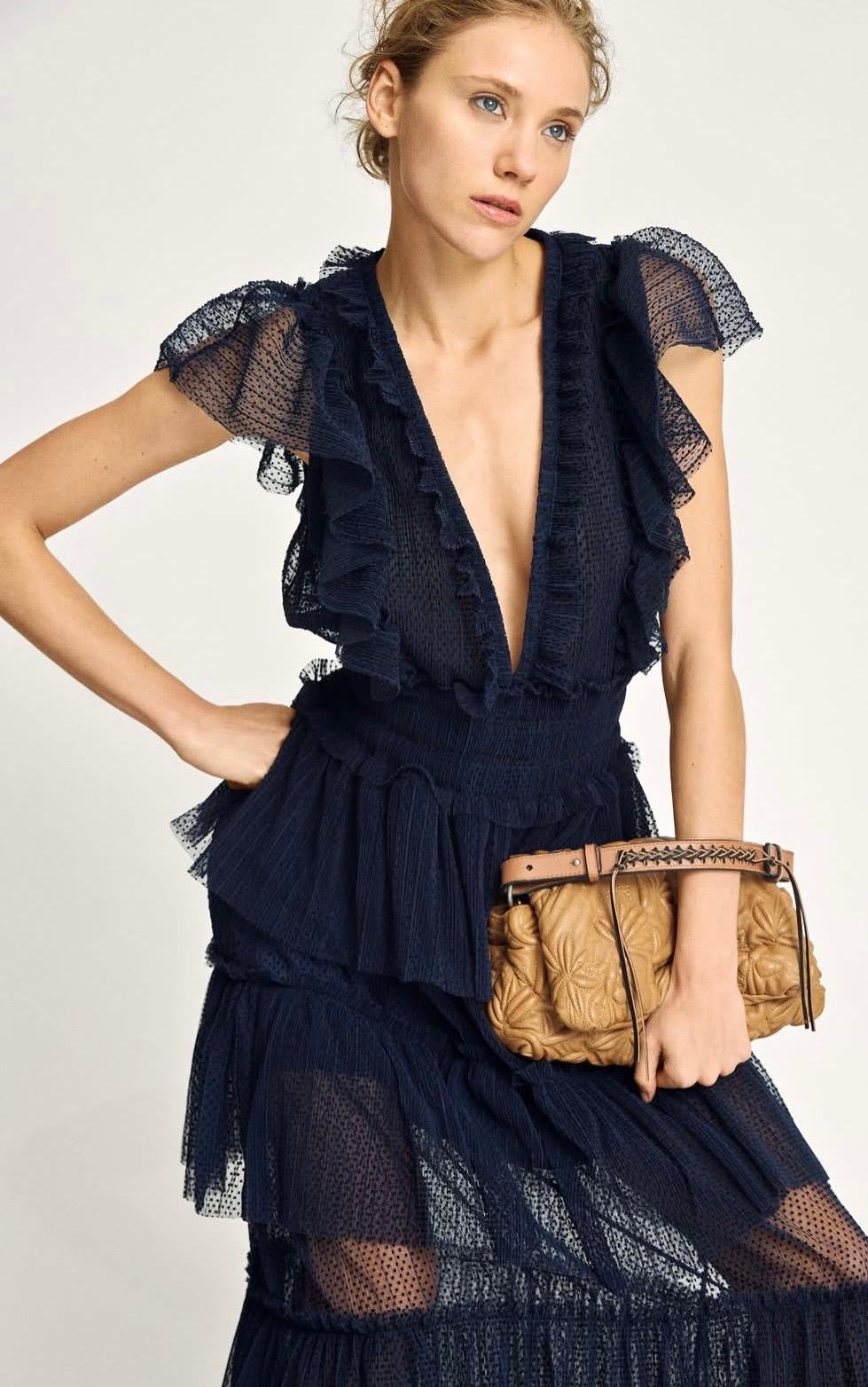 MUNTHE NORIZ Navy Tulle Maxi Dress with V-Neck