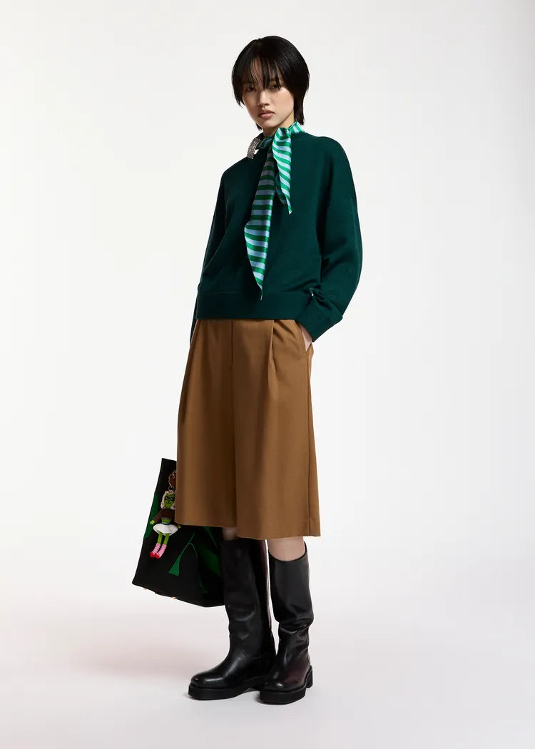 Essentiel Antwerp Forest Green Knit Sweatshirt with Striped Scarf & Brooch