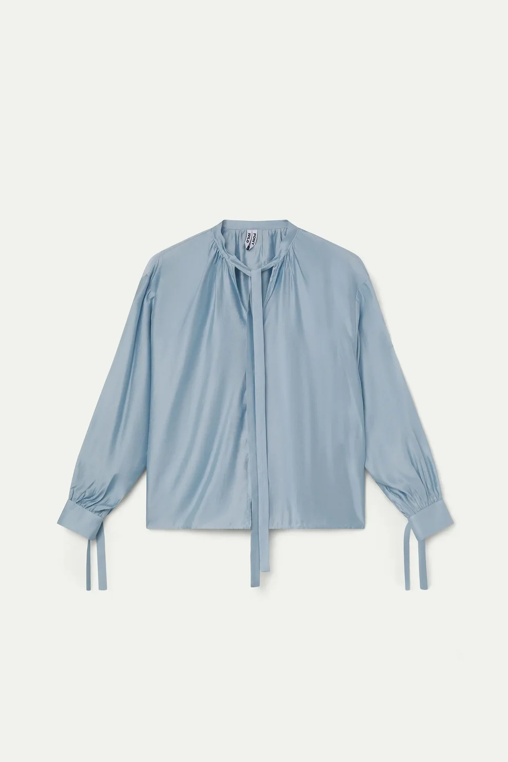 Wild Pony Baby Blue Satin Blouse with Tie Neck