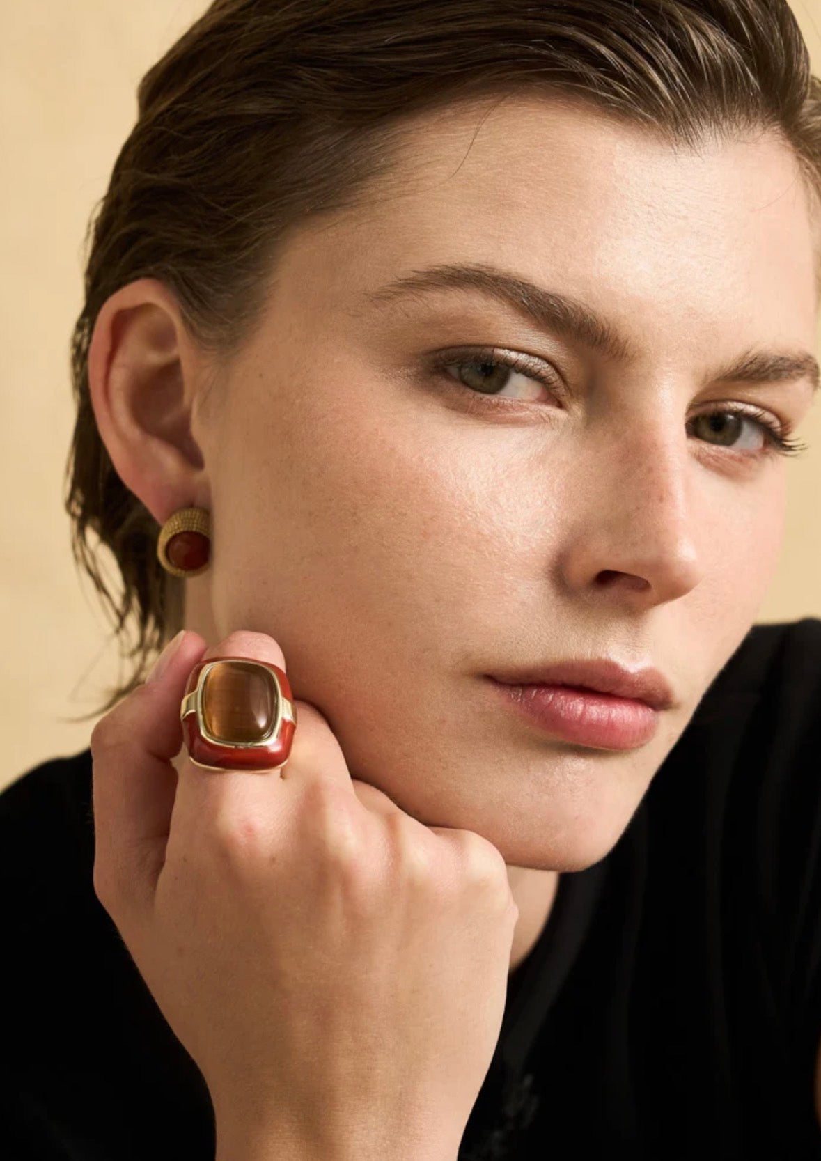 NALI Chunky Gold Burgundy Enamel Ring with Tigers Eye