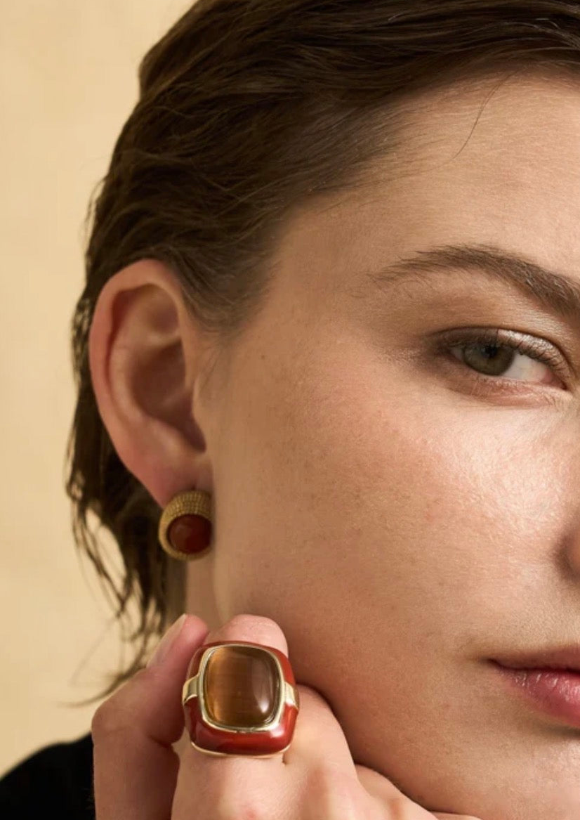 NALI Chunky Gold Burgundy Enamel Ring with Tigers Eye