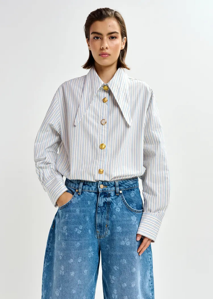 Essentiel Antwerp White & Blue Stripe Shirt with Long Collar & Mismatched Buttons