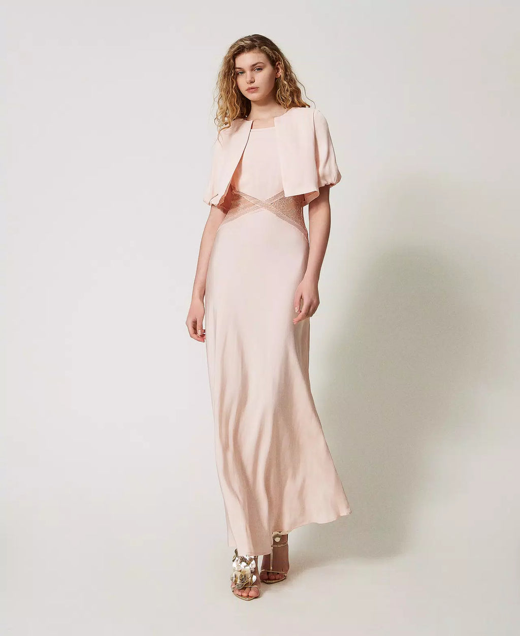 Twinset Milano cupcake pink long satin slip dress with lace