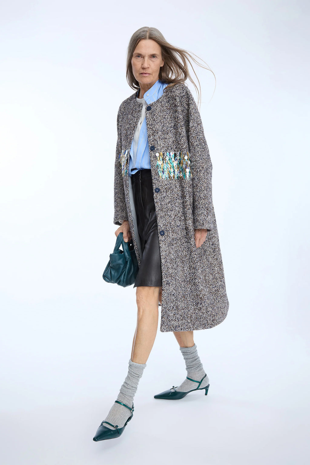 MUNTHE NINELLA Grey Blue Tweed Coat with Sequin Detailing