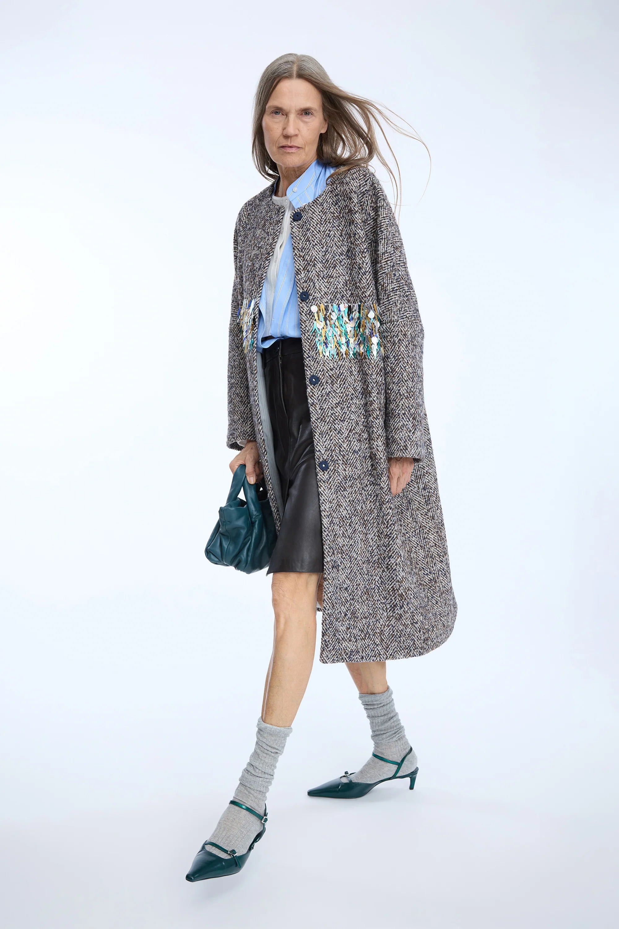 MUNTHE NINELLA Grey Blue Tweed Coat with Sequin Detailing