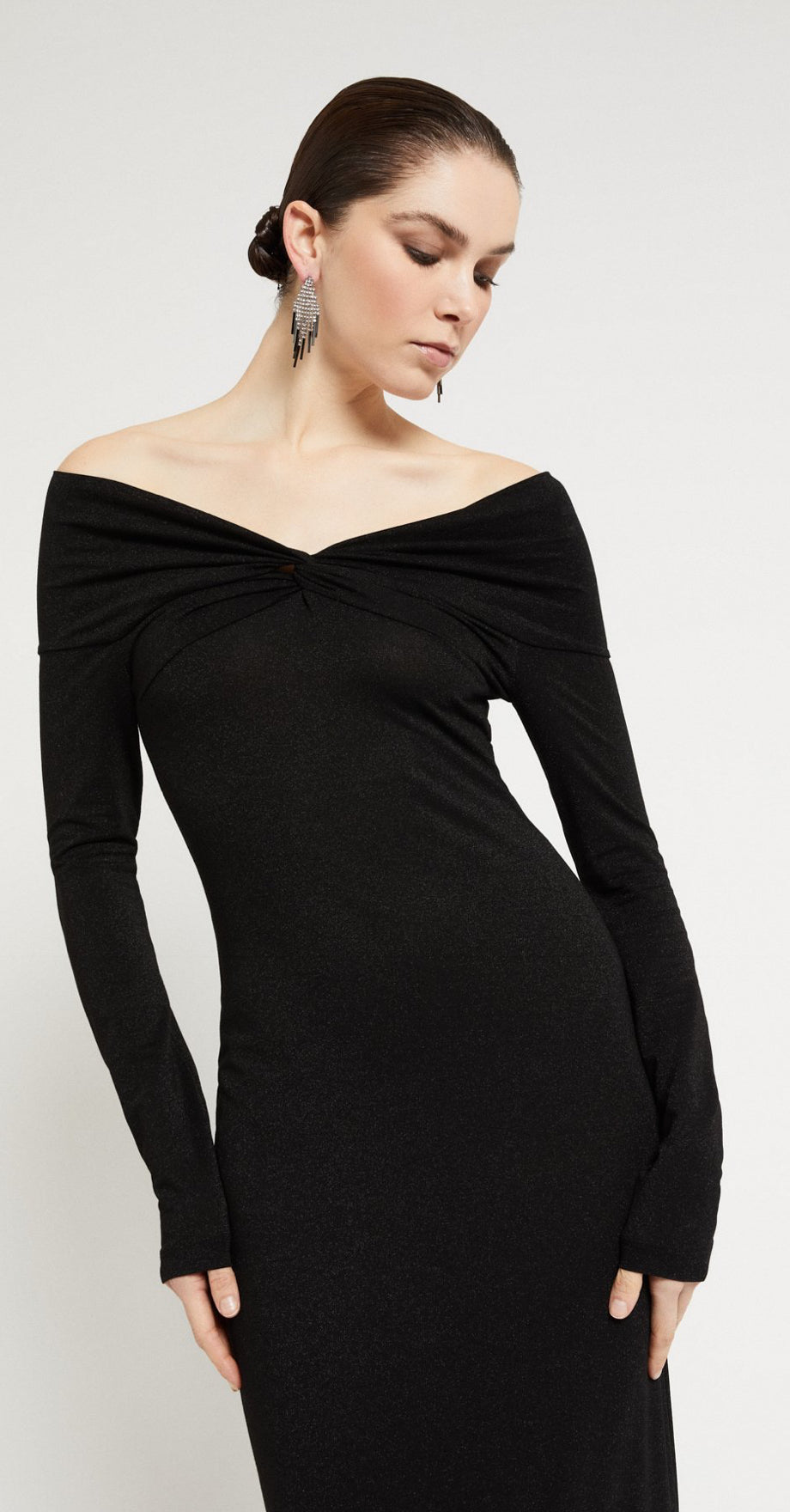 Ottod’Ame Black Long Sleeve Off-Shoulder Long Dress.
